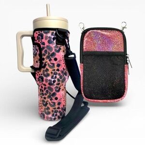 Drink Handlers 40 Oz Tumbler Carrying Sleeve w Clip On Pocket. Pink Leopard